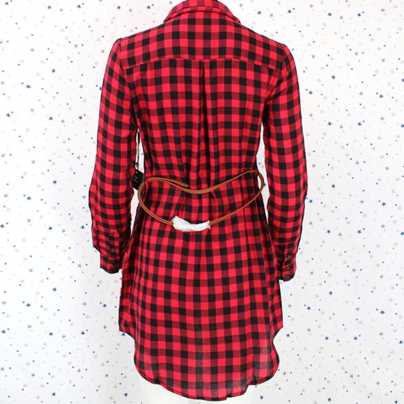 Plaid Shirt Dress with Belt Red Black - Picture 6 of 10